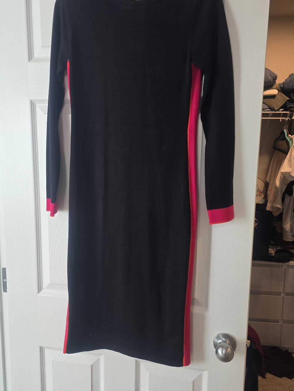 Vince Camuto Black Midi Dress with Pink Side Panels and Cuff Accents